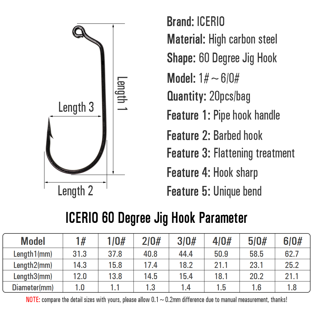 ICERIO 20PCS 60 Degree Jig Hoo - Fishing Hook Barbless review and price